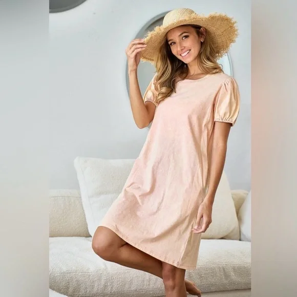 BiBi Pink Puff Sleeve Mineral Wash Dress - Picture 4 of 9